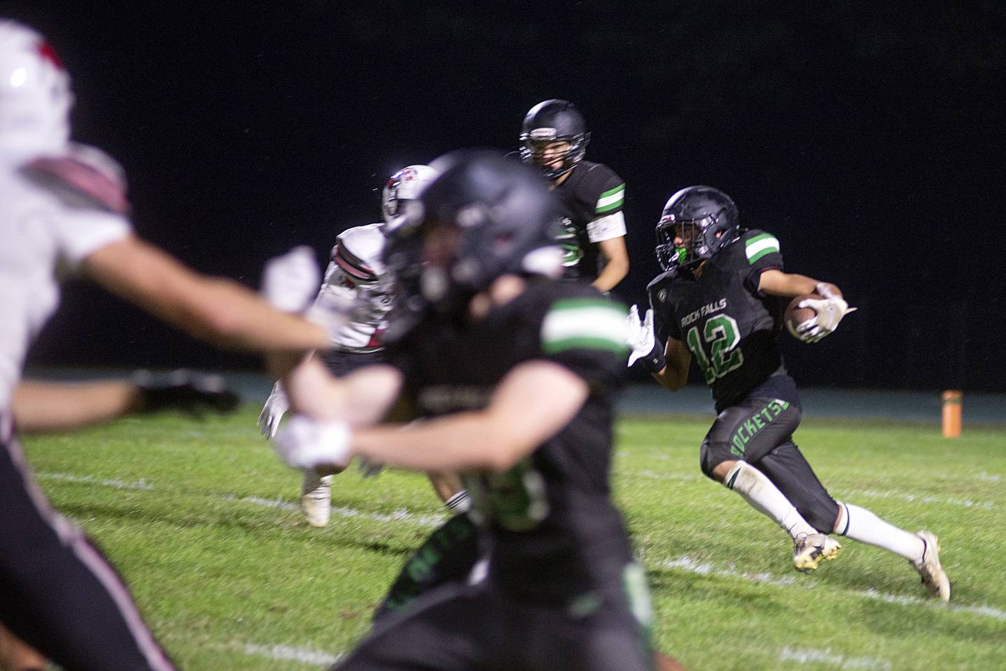 Rock Falls’ Austin Castaneda runs the ball after the second half kick-off Friday, Sept. 2, 2022 against Stillman Valley.