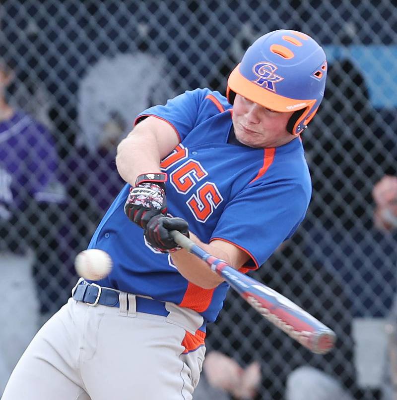 Genoa-Kingston's Evan Thompson rips a double during their game against Rockford Lutheran Tuesday, May 2, 2023, at Genoa-Kingston High School.