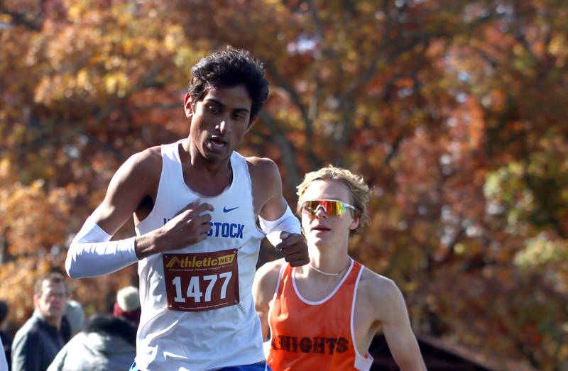 Woodstock’s Ishan Patel runs during a boys Class 2A Sectional Cross Country Meet at Emricson Park in Woodstock Saturday.