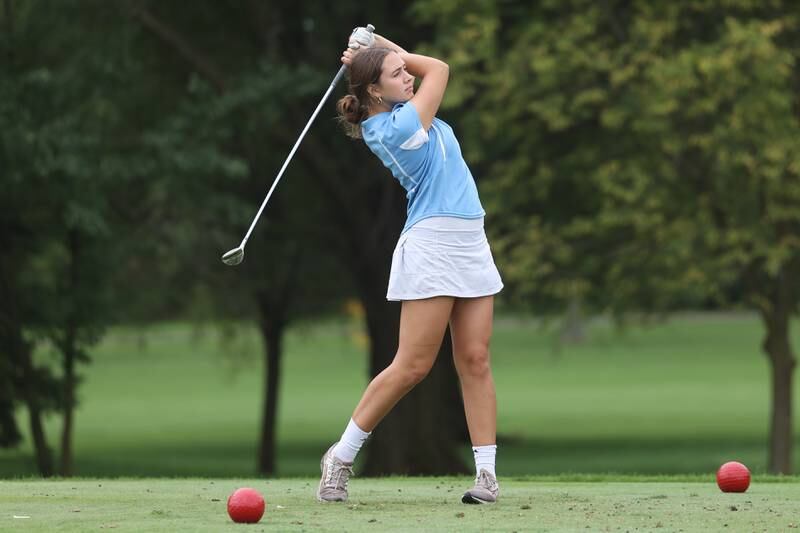 Joliet Catholic’s Annie Tibbott drives off hole 16 in the Class 1A Providence Regionals at the Green Garden Country Club in Frankfort on Thursday, Sept. 28, 2023.