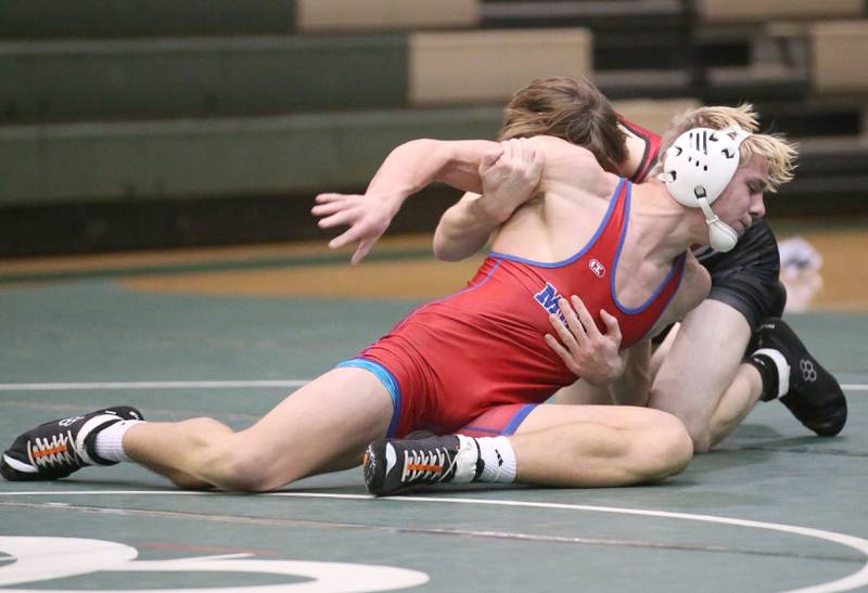 Morrison's Brady Anderson wrestles Orion's Mason Anderson in the 152 weight class during a triangular meet on Wednesday, Jan. 18, 2023 at St. Bede Academy.