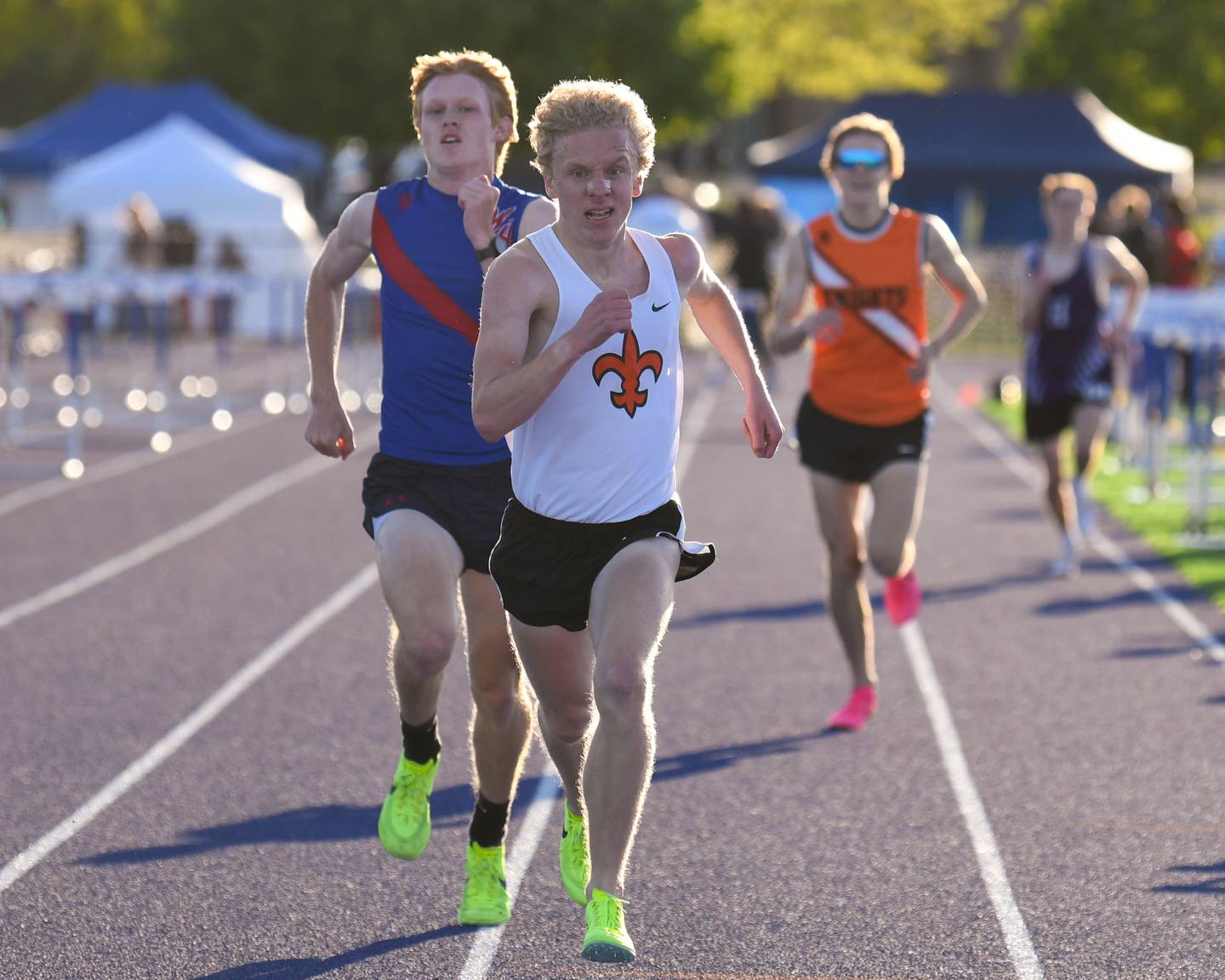 Jedidiah Wilson of St. Charles East wins the 3200 meter run at the Kane County track and field meet held at Marmion Academy in Aurora on Friday May 3, 2024.