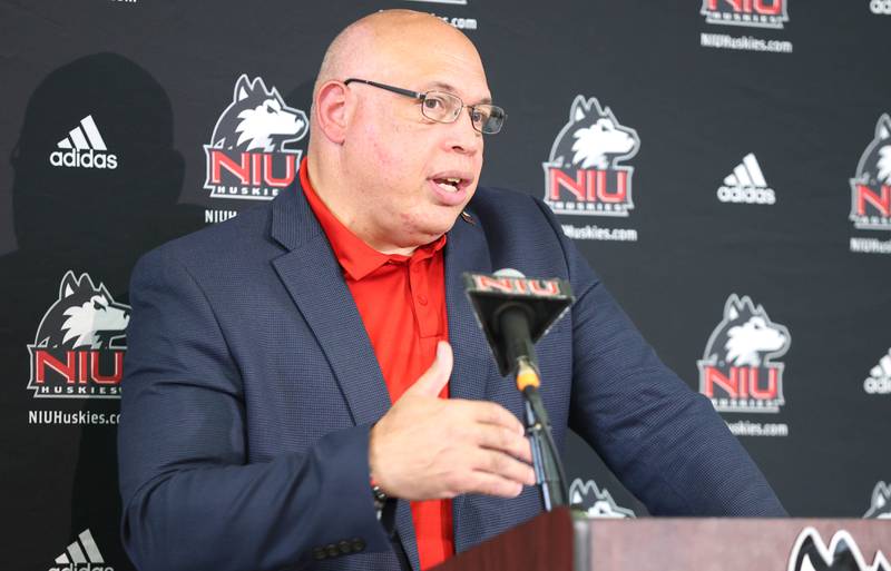 Northern Illinois University Vice-President and Director of Athletics & Recreation Sean Frazier speaks Tuesday, Aug. 9, 2022, during NIU Fall Sports Media Day in the Hall of Champions at NIU.