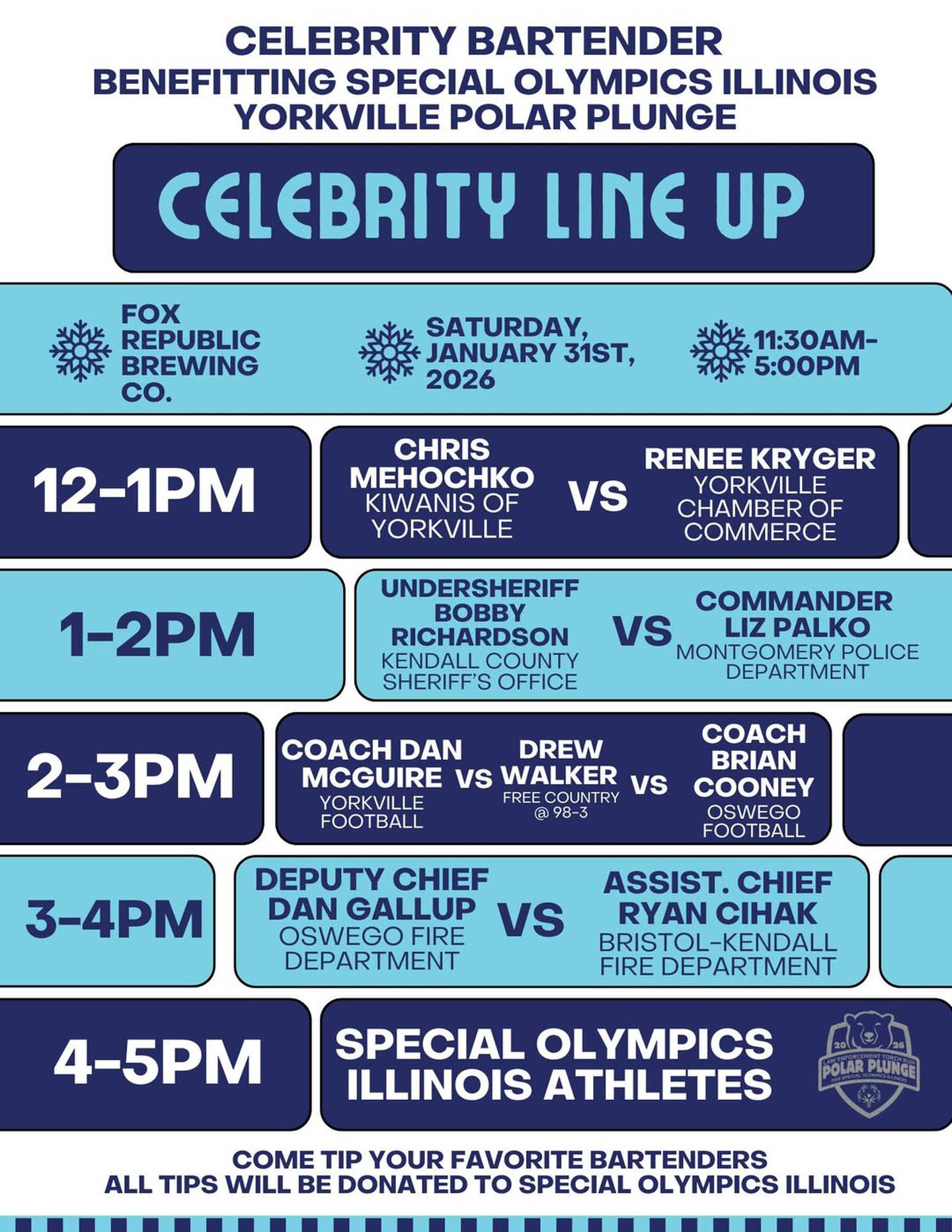 The celebrity bartender event will take place from noon to 5 p.m. Saturday at Fox Republic Brewing Co., 101 W. Hydraulic Ave. in downtown Yorkville.