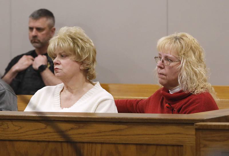 Peggy Lynn Johnson-Schroeder’s aunt Virginia Schroeder-Proffitt (right) and Laraine Kubiak, who was friends with Linda La Roche sister, listen to court proceedings, as La Roche’s attorney, Laura Walker, makes an argument during a hearing before Racine County Circuit Court Judge Timothy Boyle on Monday March 13, 2023, at the Racine County Law Enforcement Center in Racine, Wisconsin. La Roche was convicted last year of first-degree intentional homicide in the death of Johnson-Schroeder and is now appealing her conviction.