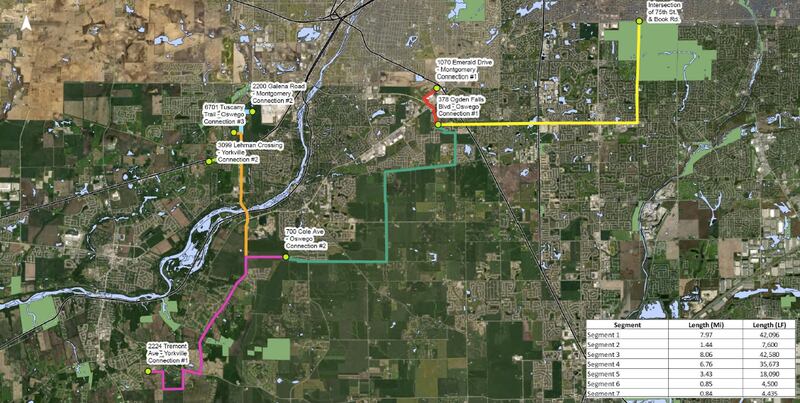 A map of potential water mains connecting Montgomery, Oswego and Yorkville to the DuPage Water Commission.