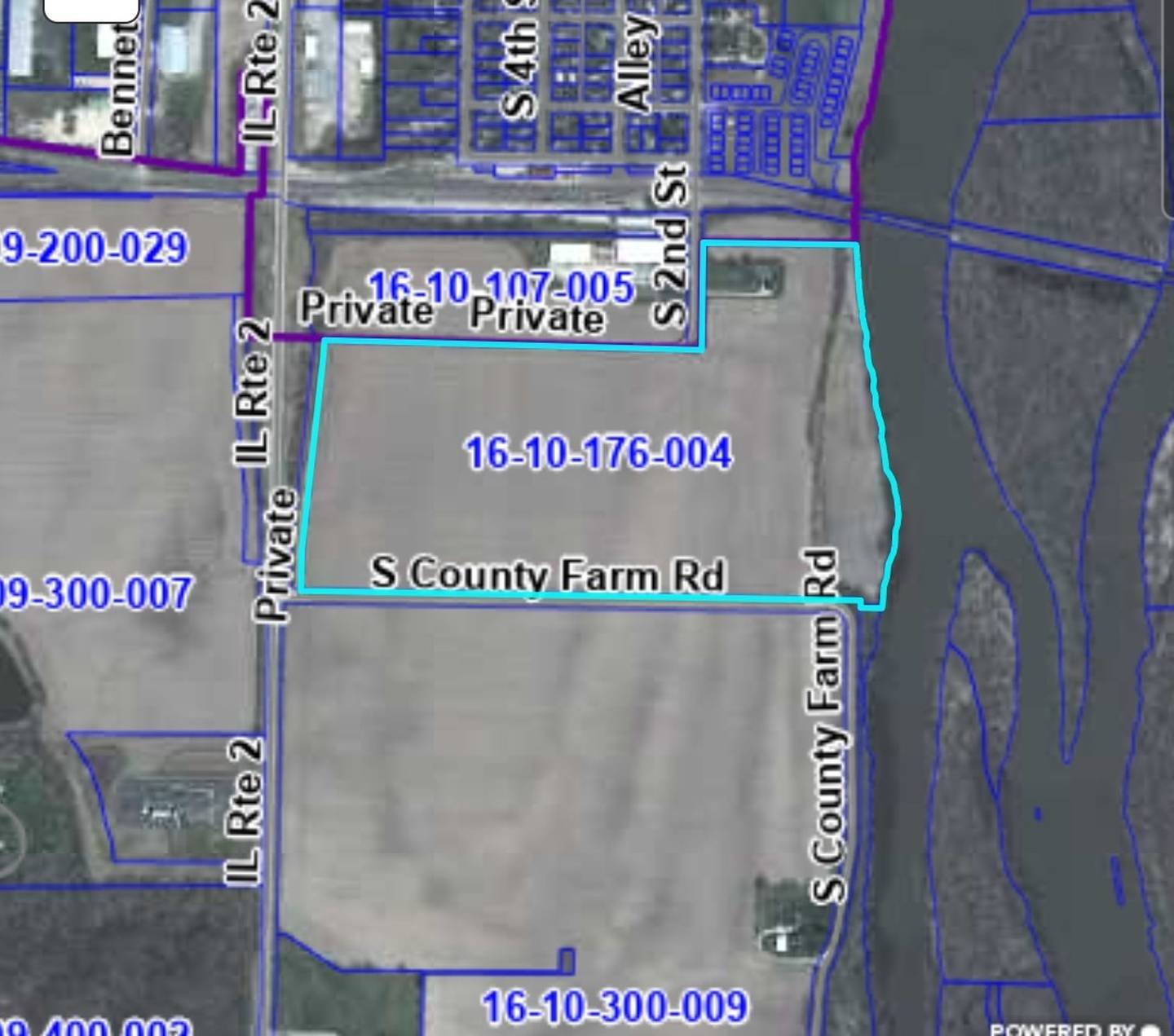 A 73-acre parcel, south of Oregon, is the site of a proposed solar, shown here in blue. Oregon officials voted Tuesday, Nov. 12, 2024 to draft a resolution opposing the project because the property is along the Rock River and includes river access. The Ogle County Board has the final say in whether or not the solar farm is approved, but an application for a special use permit has yet to be made.