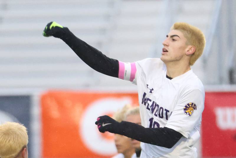 Mendota's Johan Cortez reacts after scoring on a penalty kick during the Class 1A State title game on Saturday, Nov. 8, 2025 at Hoffman Estates High School.
