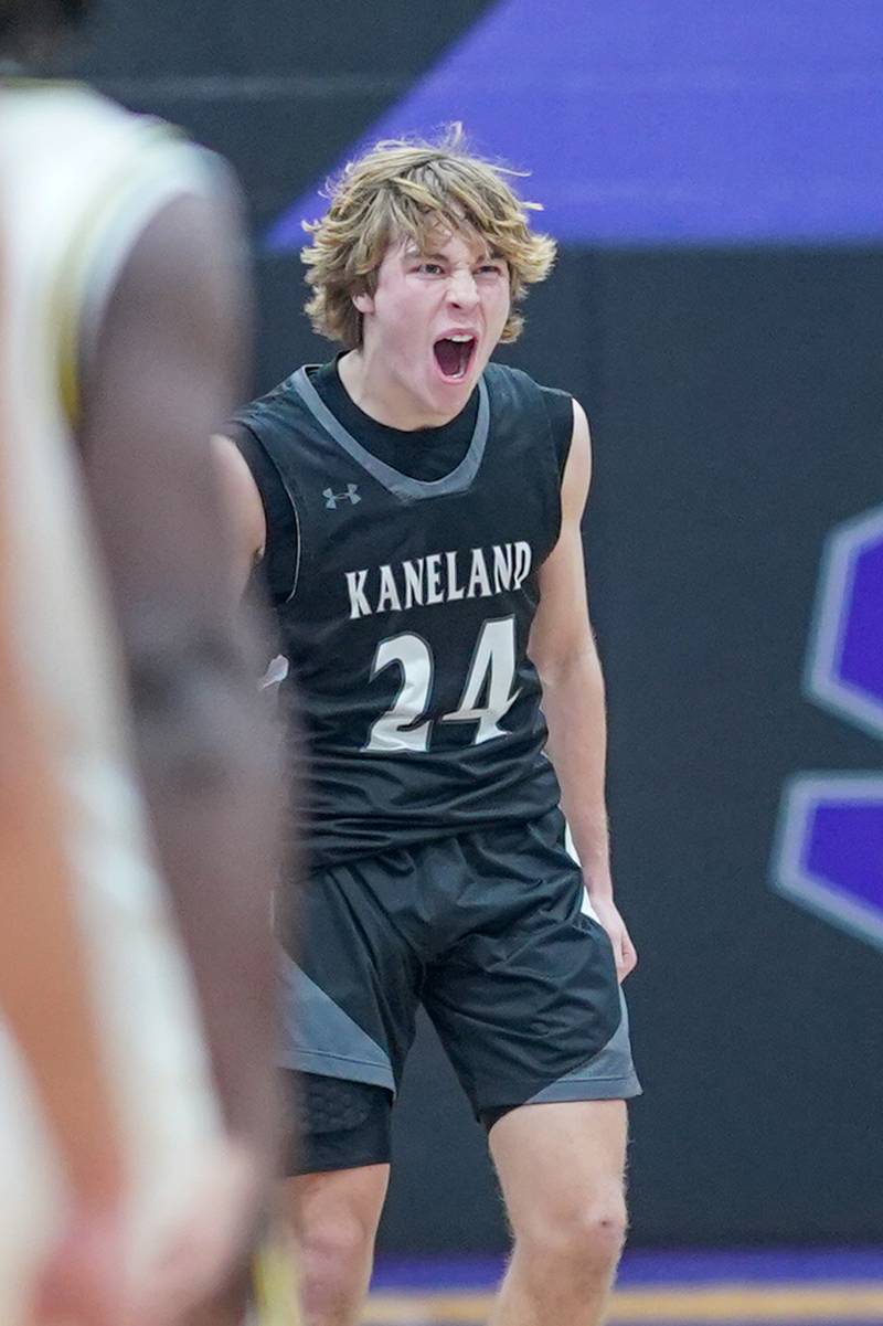 Kaneland’s Luke Reinert (24) reacts after taking a charge against Yorkville Christian's Jayden Riley (not pictured) during a championship final basketball game in the 61st annual Plano Christmas Classic at Plano High School on Saturday, January 1, 2017.