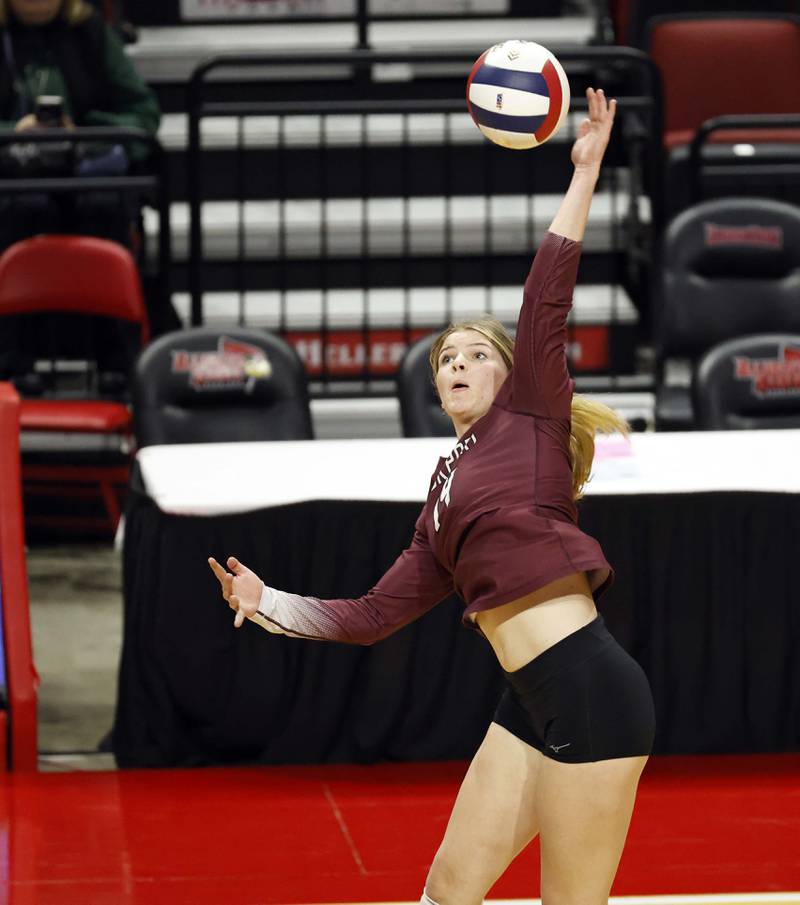 Lockport's Hutsyn Timosciek (14) during the IHSA Class 4A girls volleyball third place match Saturday, Nov. 16, 2024 at CEFCU Arena in Normal.