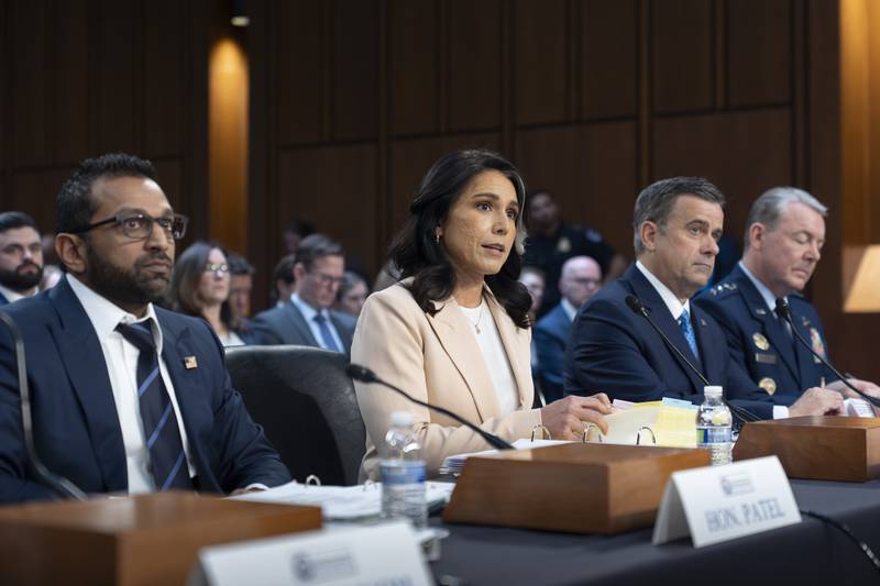 From left, FBI Director Kash Patel, Director of National Intelligence Tulsi Gabbard, CIA Director John Ratcliffe, and Defense Intelligence Agency Director Jeffrey Kruse, appear before the Senate Intelligence Committee for a hearing on worldwide threats, on Capitol Hill in Washington, Tuesday, March 25, 2025. (AP Photo/J. Scott Applewhite)