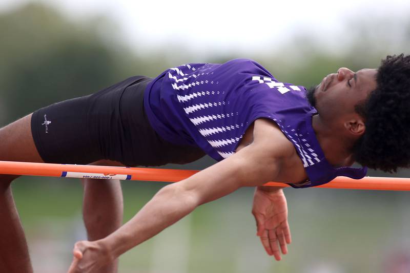 Hampshire’s Anthony Smith competes in the high jump in Fox Valley Conference boys track and field meet action at Huntley High School in Huntley on Thursday, May 15, 2025.