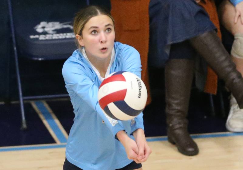 Marquette's Kaitlyn Davis hits the ball across the court while playing Serena on Wednesday, Oct. 22, 2025 in Bader Gymnasium at Marquette High School.