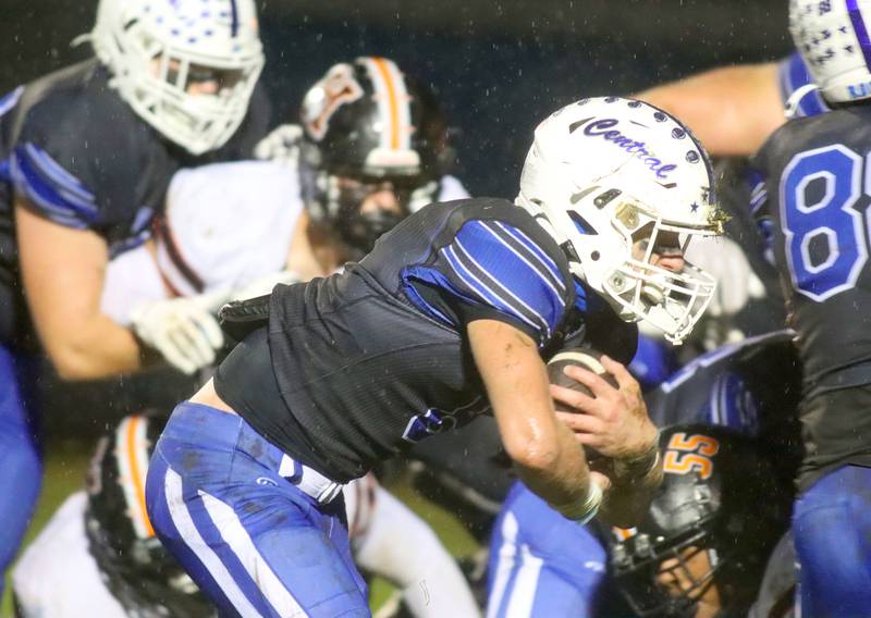 Burlington Central’s Tyler McGladdery scores his first of two touchdowns against Harlem in IHSA football Class 6A second-round playoff action at Central High School in Burlington on Saturday, November 8, 2025.