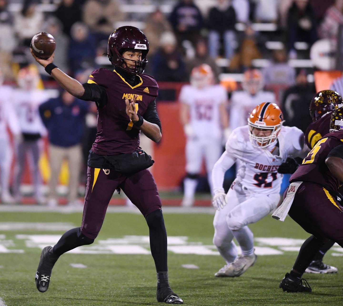 Montini quarterback Israel Abrams throw a pass during the IHSA Class 4A state championship game against Rochester on Friday, Nov. 28, 2025 in Normal.