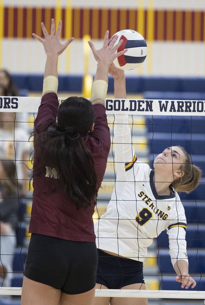 Sterling’s Megan Stutzke spikes against Morris Thursday, Oct. 30, 2025, in the Class 3A volleyball regional.