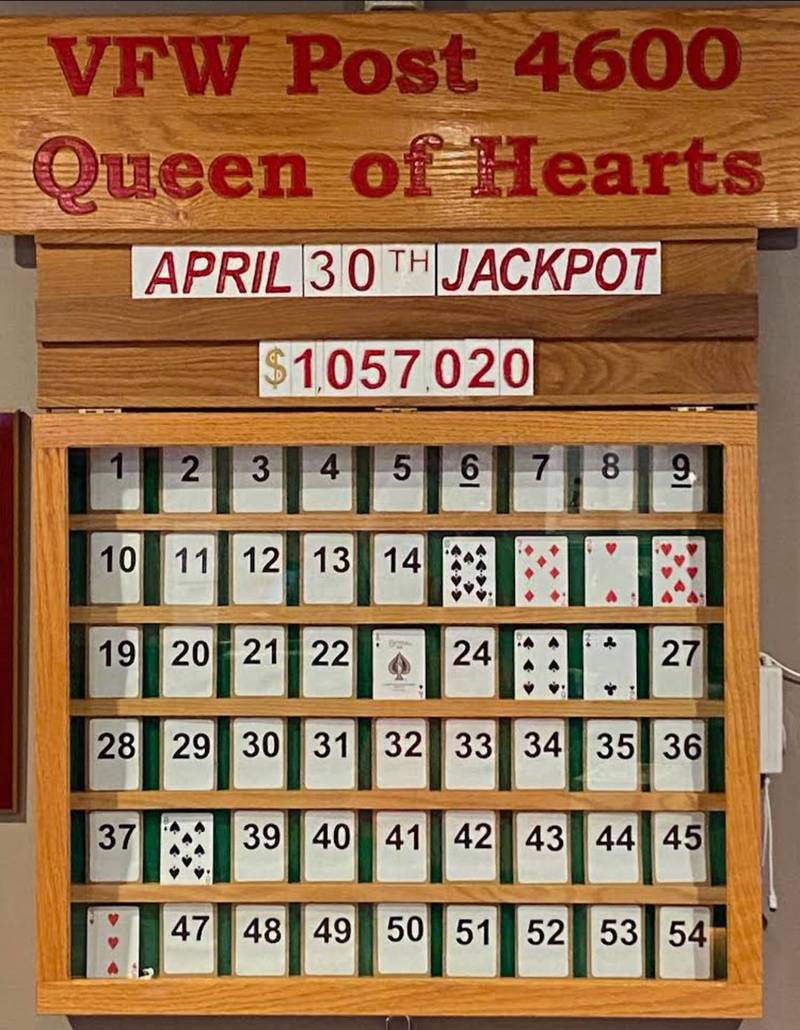 The McHenry VFW Post 4600 Queen of Hearts game is at $1,057,020 for the drawing set for Tuesday. Once the queen of hearts is pulled, the winner will get half the pot.