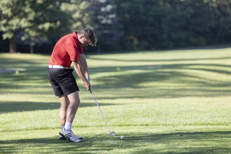 Oregon’s Landon Anderson tees off on #12 against Rock Falls Tuesday, Sept. 3, 2024, at Silver Ridge Golf Club in Oregon.