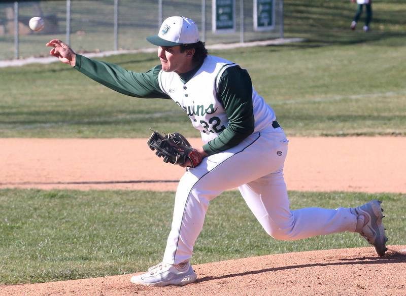 St. Bede pitcher Alan Spencer lets go of a pitch to Ottawa on Wednesday, March 20, 2024 at St. Bede Academy.