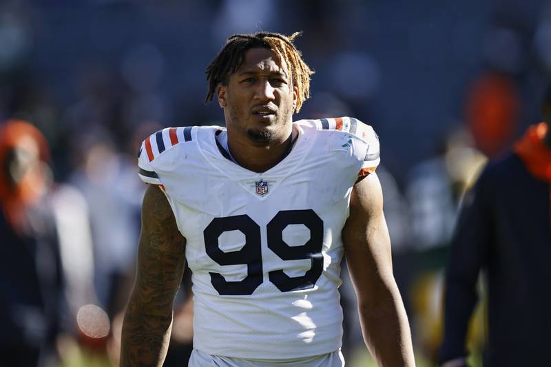 Chicago Bears linebacker Trevis Gipson (99) walks off the field after an NFL football game against the Green Bay Packers, Sunday, Oct. 17, 2021, in Chicago.