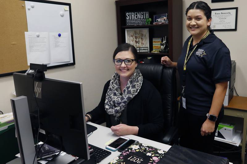 Police social workers Alana Bak, LCPC, left, and Annalleli Alanis, MSW, pose for a portrait at the McHenry County Sheriffs Office on Wednesday, Nov. 10, 2021 in Woodstock.