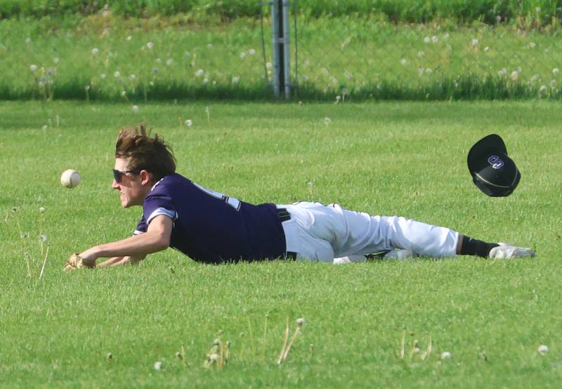 Serena's Ethan Stark misses a fly ball after diving for it in left field while playing St. Bede on Friday, April 24, 2026 at St. Bede Academy.