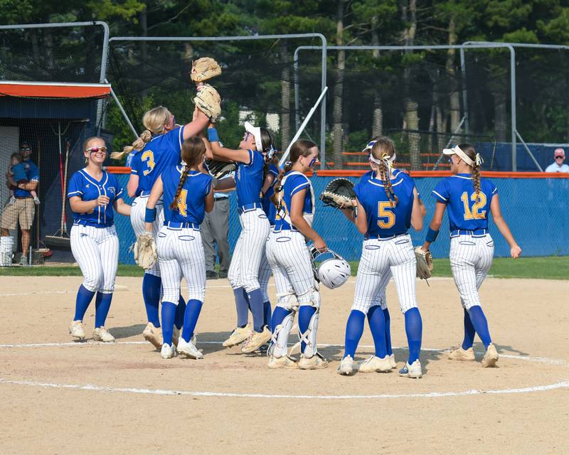 Wheaton North celebrates after taking the win over Weaton Warrenville South during the sectional semifinal game on Thursday June 5, 2025, held at Oswego High School.