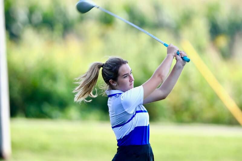 Princeton's Halli Peterson watches her drive Thursday a Wyaton Hills.