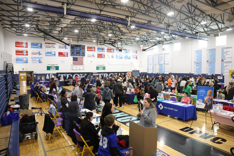 Families pack the Troy Middle School gymnasium for Will County’s annual Kids Fair on Monday, Feb. 16, 2026 in Joliet.