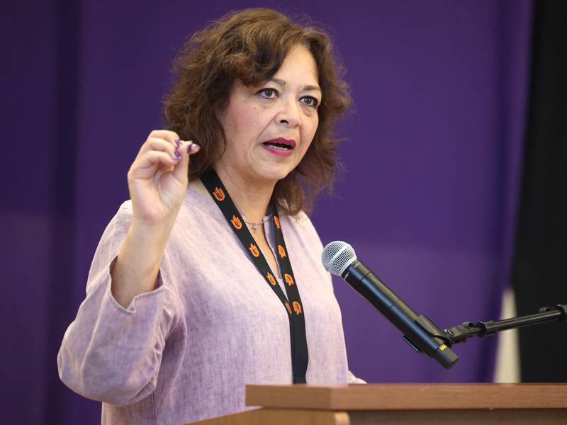 DeKalb School District 428 Superintendent Minerva Garcia-Sanchez speaks Friday, Aug. 8, 2025, during the grand opening celebration  for the new Dr. Leroy A. Mitchell Elementary School in DeKalb.