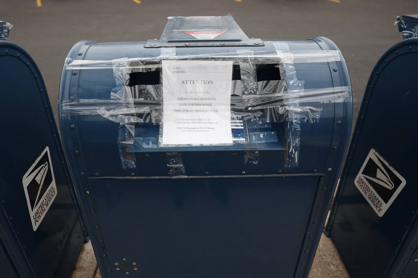 An Out of Service notice is taped on the mail boxes outside the McDonough Street Post Office. Joliet police have investigated mail theft and burglary at the McDonough Street Post Office that is under investigation by U.S. Postal Service.