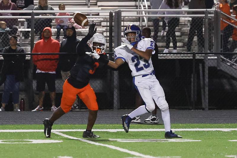 Plainfield East’s Jeremiah Jenkins breaks up a pass intended for Joliet Central’s Dimarius Matthews on Oct. 4, 20234 in Plainfield.
