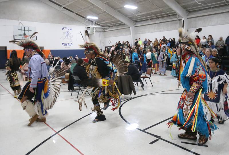 Native Americans lead the Grand Entry for the Starved Rock Pow Wow on Saturday, Nov. 1, 2025 at the Utica Village Hall.
