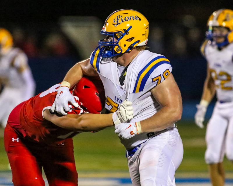 Lyon's Eddie Tuerk (78) battles Hinsdale Central's Giovanni Pamfili (78) in the trenches during football game between Hinsdale Central at Lyons.  Sept 8, 2023.