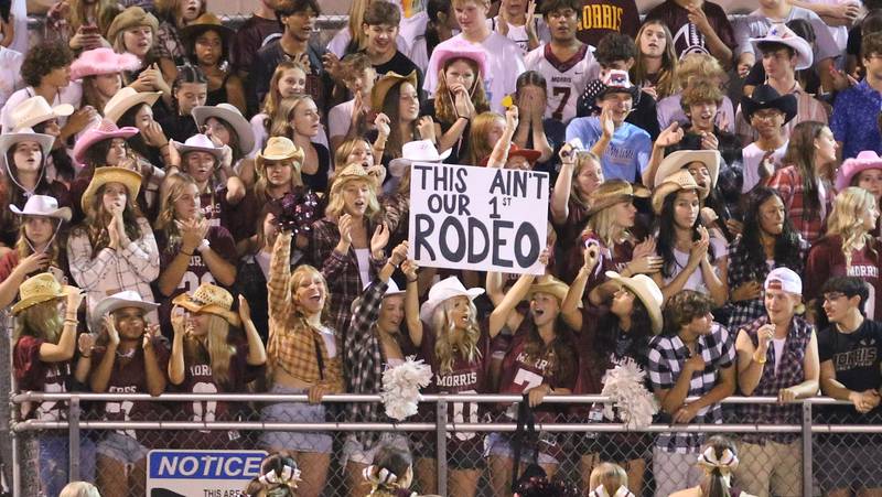 Morris student section celebrates after scoring a touchdown against L-P on Friday, Sept. 20, 2024 at Howard Fellows Stadium.