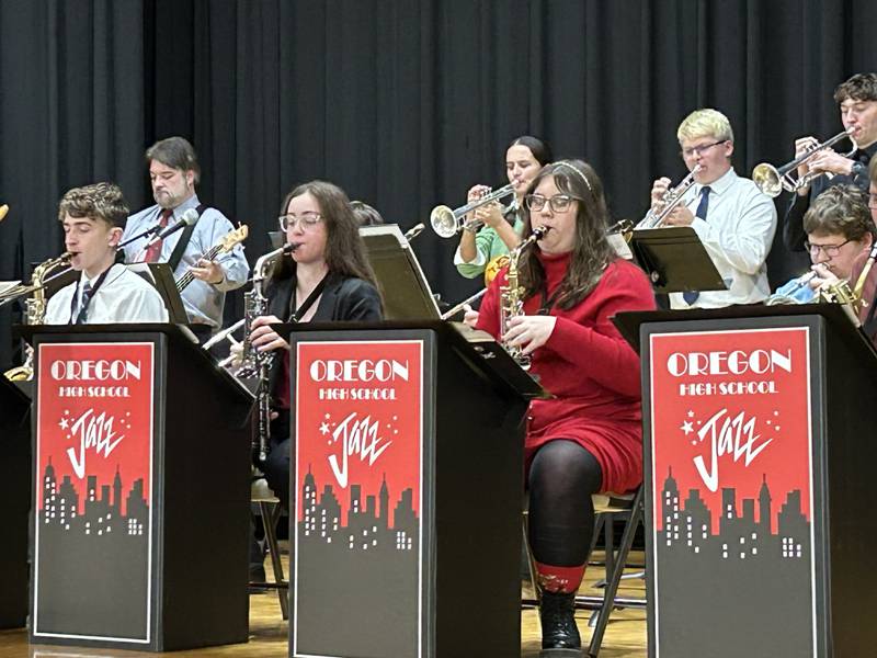 The Oregon High School Jazz Band played inside the Coliseum Museum of Art, Antiques & Americana during Oregon's Candlelight Walk on Saturday, Nov. 30, 2024.