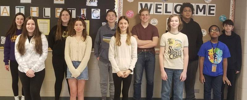 Sycamore Middle School Students of the Month for January. The sixth grade students are Makenna Curtis, Venard Britt, Nora Frerichs, and Sebastian Rathbun.The seventh grade students are Taylor Peabody, Cohen Jennings, Graycabella Gluck, and Zayden Smith. The eighth grade students are Maryn Surwillo, James McConkie, Brady Snodgrass, and Owen Grollemond.