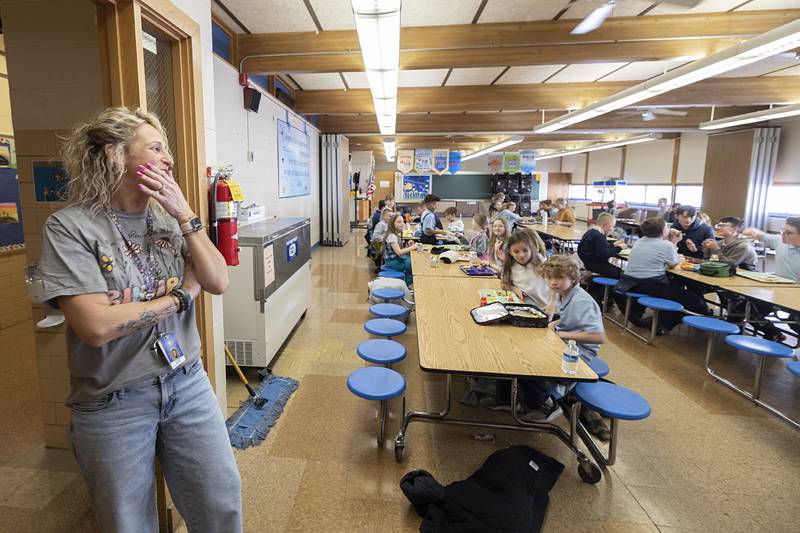 St. Anne’s principal Talarie Bilharz wears many hats, including “lunch lady”, as seen Tuesday, March 17, 2026. Bilharz is one of seven Illinois principals up for the Golden Apple award.