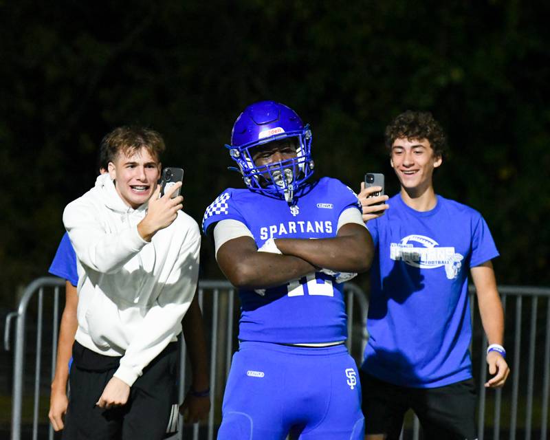St. Francis's Tivias Caldwell jr. (42) celebrates after scoring a touchdown during the game against IC Catholic Prep on Friday Oct. 3, 2025, held at St. Francis.