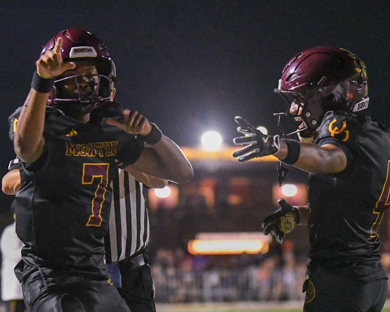 Montini Catholic’s Israel Abrams (7) celebrates his first down during the game against Fenwick on Friday Sept. 19, 2025, held at Montini Catholic High School.