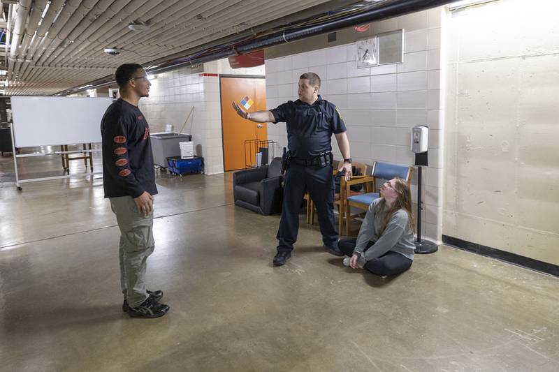 Sauk Valley Police Academy cadets respond to a scene of a fight in progress during training Tuesday, Feb. 17, 2026, at Sauk Valley Community College.