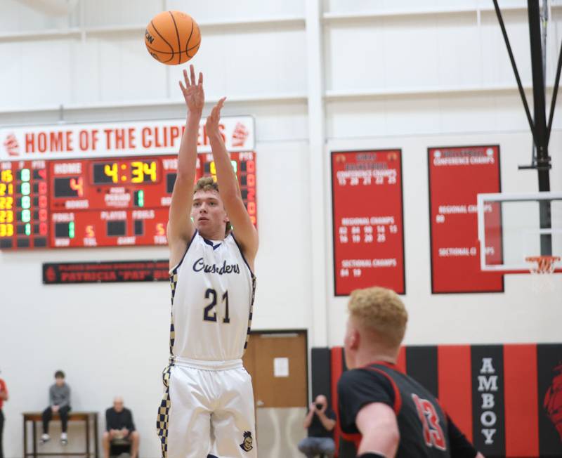 Marquette's Lucas Craig shoots a jump shot over Indian Creek's Isaac Willis during the Class 1A Sectional game on Friday, March 6, 2026 at Amboy High School.