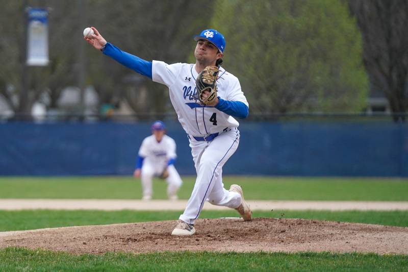 Geneva’s Josh Feucht (4) delivers a pitch against Lake Park during a baseball game at Geneva High School on Wednesday, April 17, 2024.