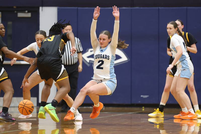 Plainfield South’s Carly McDonald draws the charging foul against Joliet West on Thursday, Jan 22, 2026 in Plainfield.