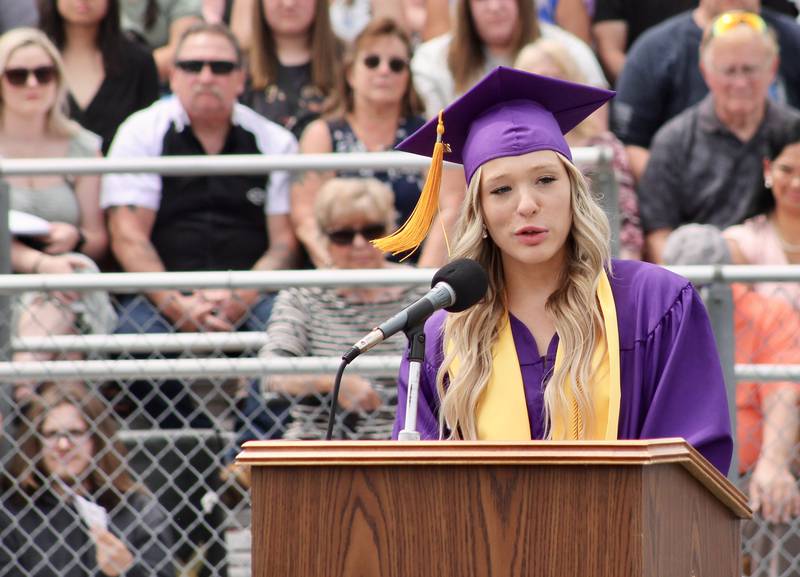 Hannah Steinmeyer, senior class president, addresses the Class of 2023 during a Dixon High School graduation ceremony on Sunday, May 28, 2023.