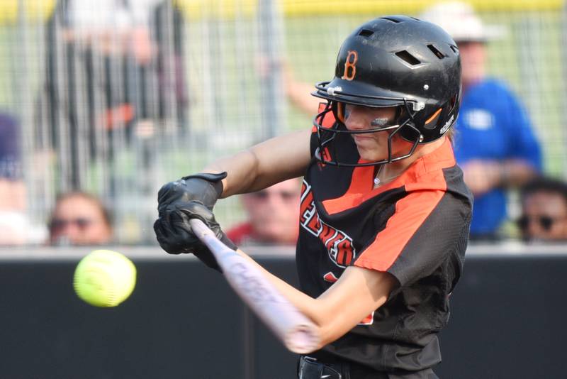 Beecher's Ava Olson hits a pitch during the Class 2A East Peoria Super-Sectional against Brimfield Monday, June 2, 2025.