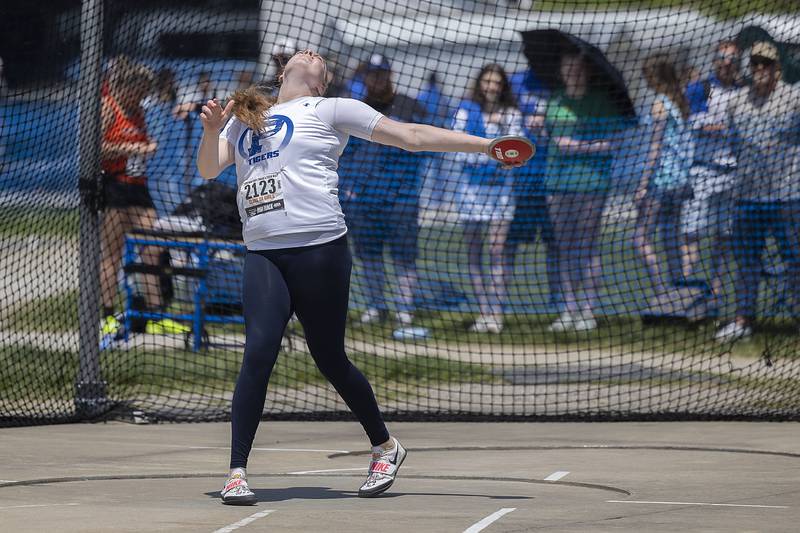 Princeton’s Morgan Foes throws the discus in the 2A event Saturday, May 20, 2023 during the IHSA state track and field finals at Eastern Illinois University in Charleston.