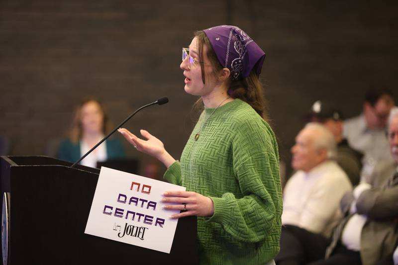 Addey Vollmer speaks against the proposed data center at the City of Joliet City Council meeting on Monday, March 16, 2026 in Joliet.