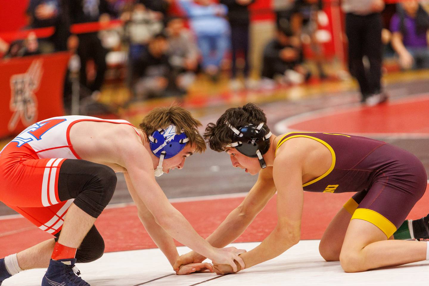 Marmion Academy's Brody Page and Montini's Allen Woo competes in the 120 lb match  at the Hinsdale Central Class 3A Sectional on Saturday, Feb.14,2026 in Hinsdale.