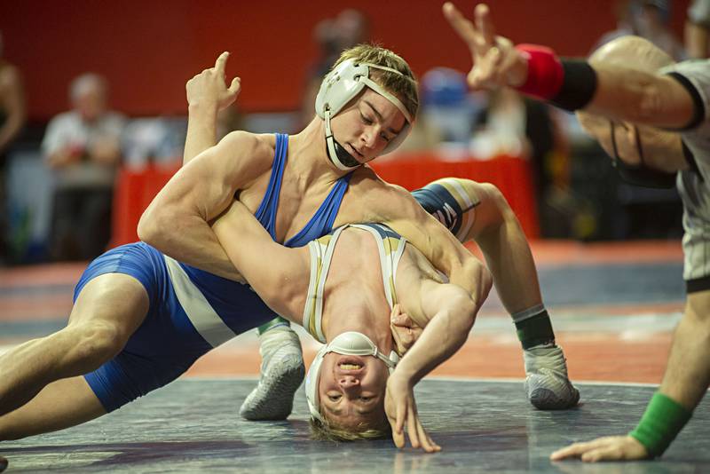 Newman's Brady Grennan controls Ethan Monson of Mercer during the 120lb 1A third place match at the IHSA state wrestling meet on Saturday, Feb. 19, 2022.